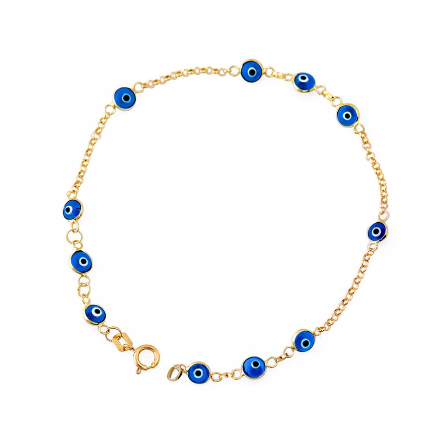 Solid 14k Gold Evil Eye Blue Bracelet